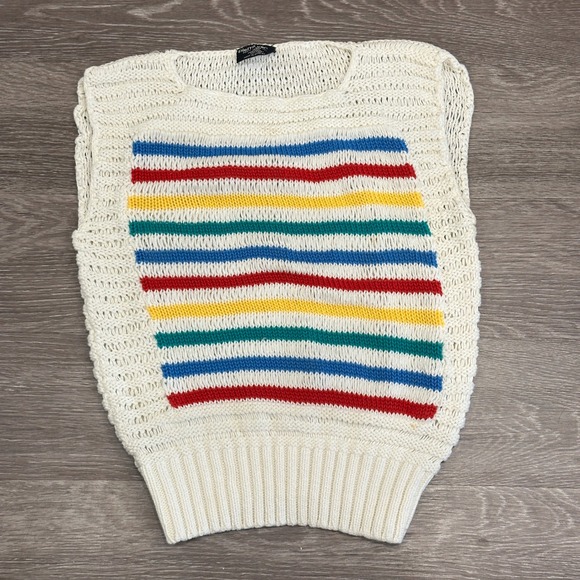 Pierre Cardin Jackets & Blazers - VTG 80s Pierre Cardin Rainbow Striped Knit Sweater Vest Cream Mod Retro Pride XS